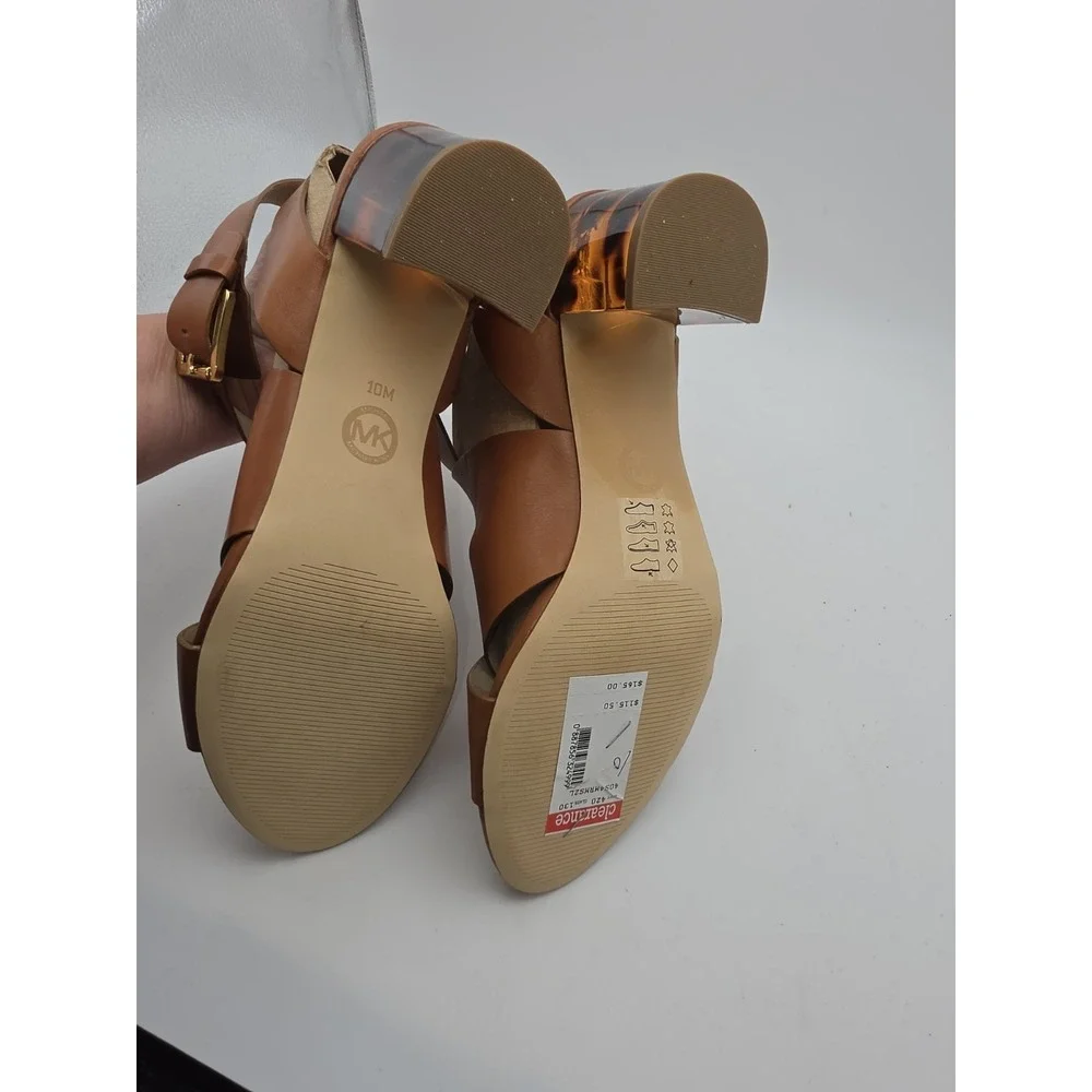 MICHAEL Michael Kors Maribella Luggage Brown Leather Sandals Tortoise Heel Sz 10